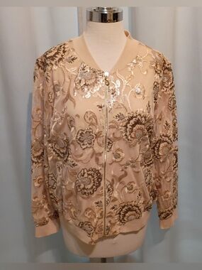Chico's Blush Sequin Floral Bomber Jacket